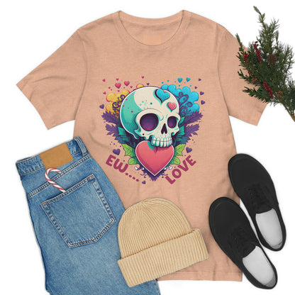 Ew Love Valentine Skull  With Pink And Blue Hearts Unisex Jersey Short Sleeve Tee