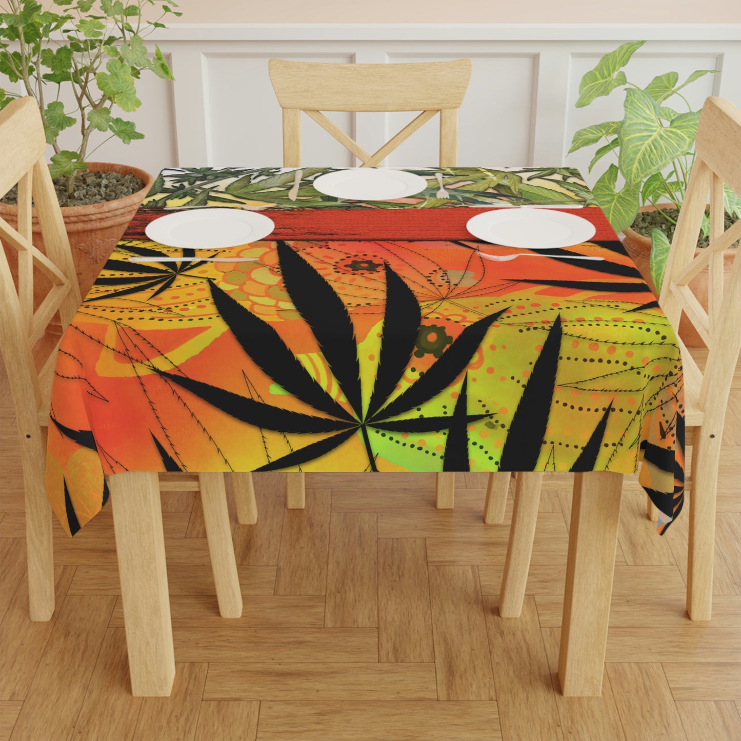 Beautiful Redish Orange Banded Marijuana 420 Pot Weed Leaf Tablecloth