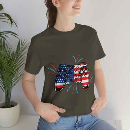 American Flag, Fourth Of July 4th , American Flag Game Controller Unisex Jersey Short Sleeve Tee