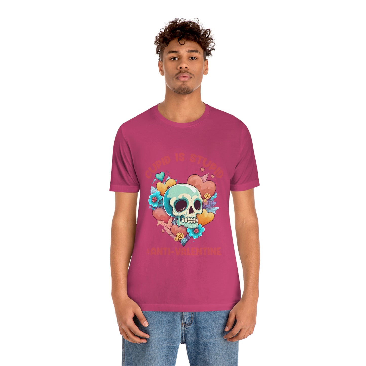 Stupid Cupid #Anti-Valentine Skull With Hearts & Flowers Unisex Jersey Short Sleeve Tee