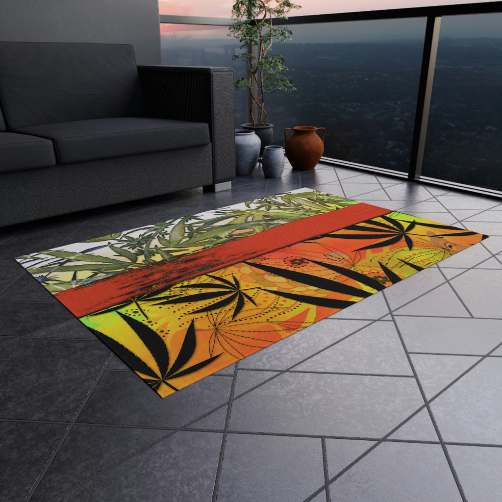 Beautiful Redish Orange Banded Marijuana 420 Pot Weed Leaf Outdoor Rug