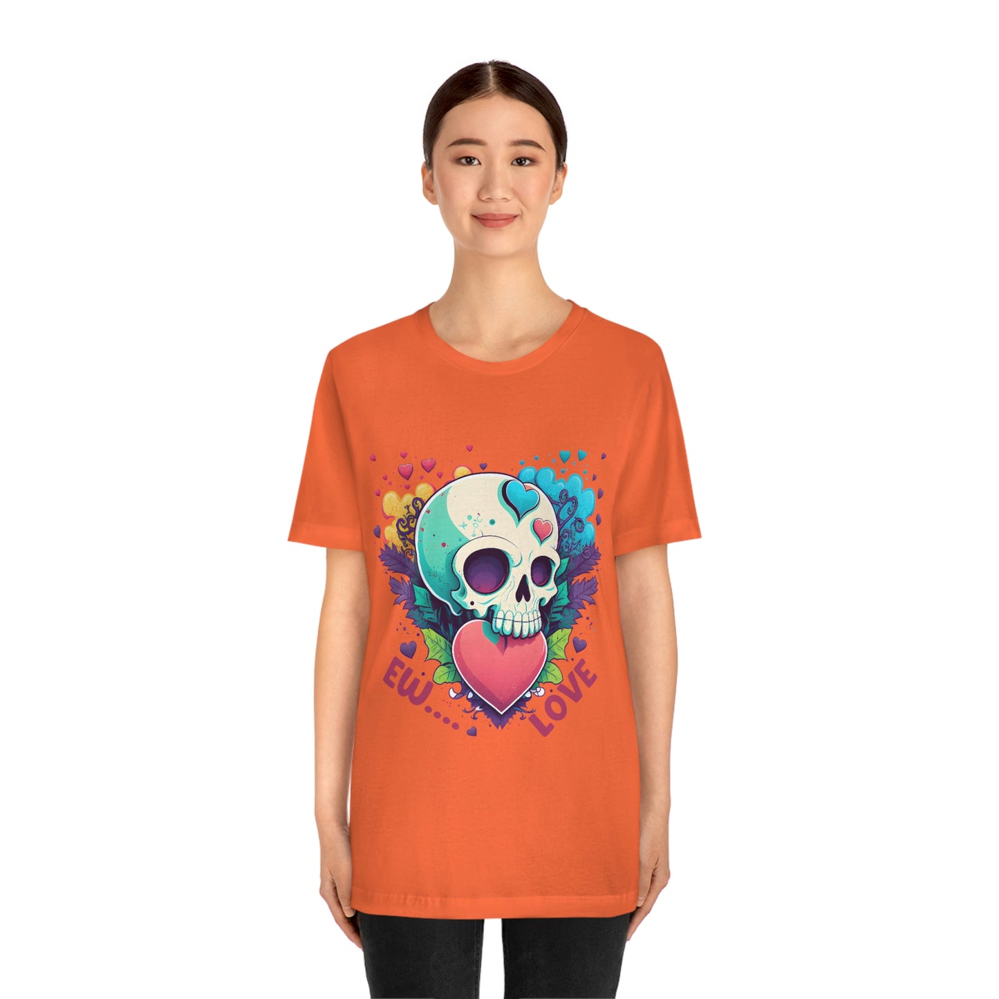 Ew Love Valentine Skull  With Pink And Blue Hearts Unisex Jersey Short Sleeve Tee