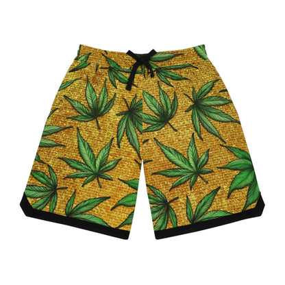 Gold And Green Marijuana Pot Weed Leaf With Gold Background 420 Basketball Rib Shorts (AOP)