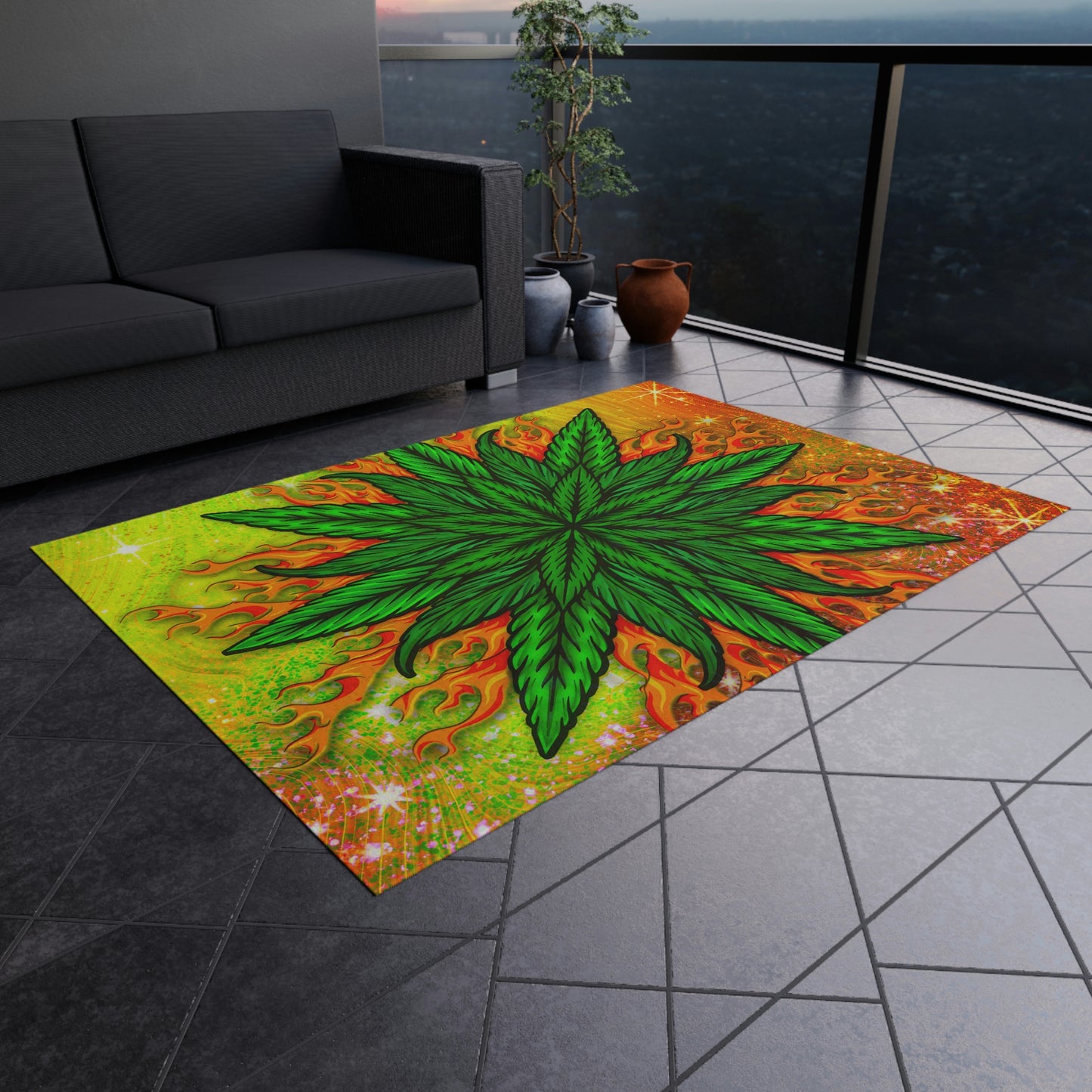 Pot Leaf Collage With Yellow Orange Background With Marijuana Pot Weed 420 Outdoor Rug