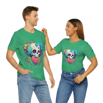 Ew Love Valentine Skull  With Pink And Blue Hearts Unisex Jersey Short Sleeve Tee