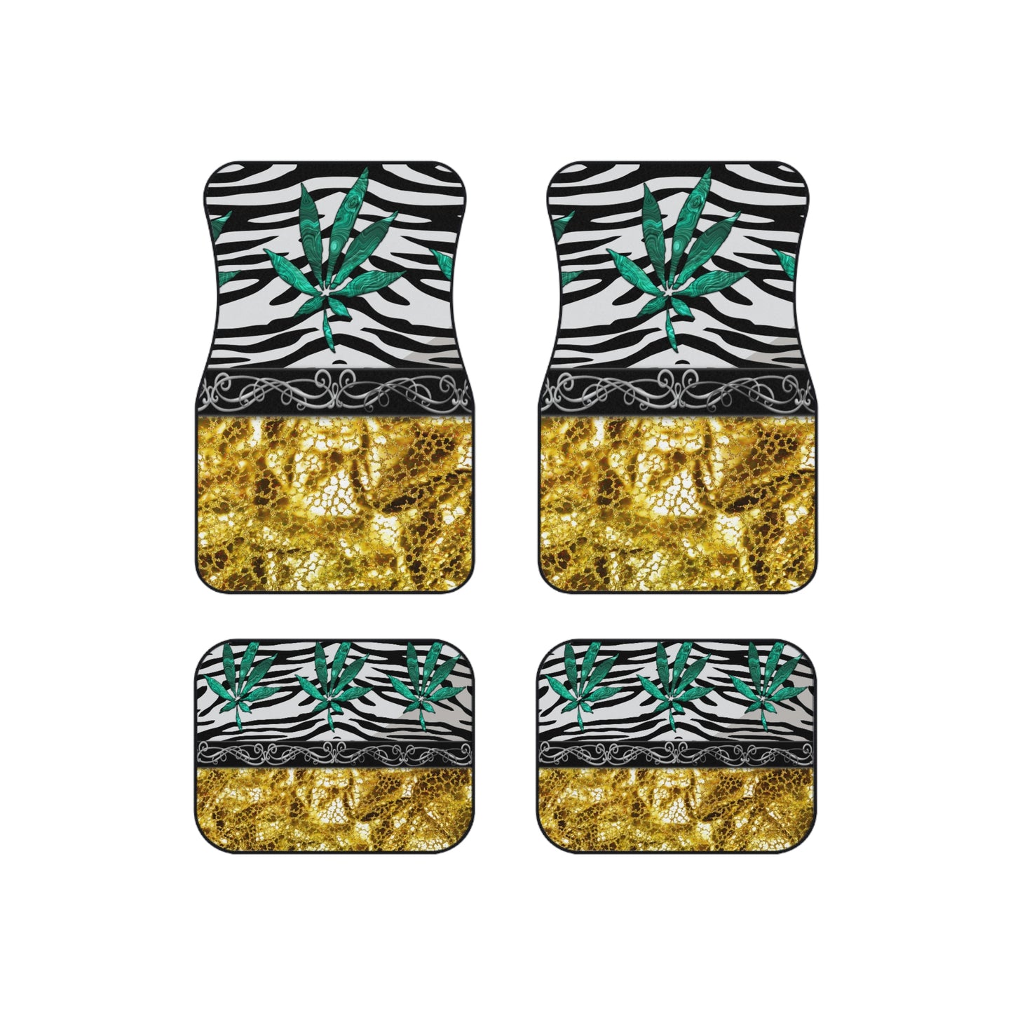 Gold And Zebra White And Black Marijuana Pot 420 Leaf Car Mats (Set of 4)