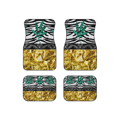 Gold And Zebra White And Black Marijuana Pot 420 Leaf Car Mats (Set of 4)