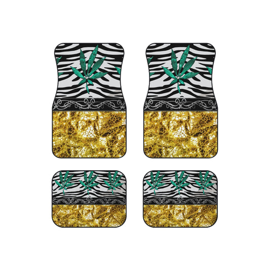 Gold And Zebra White And Black Marijuana Pot 420 Leaf Car Mats (Set of 4)