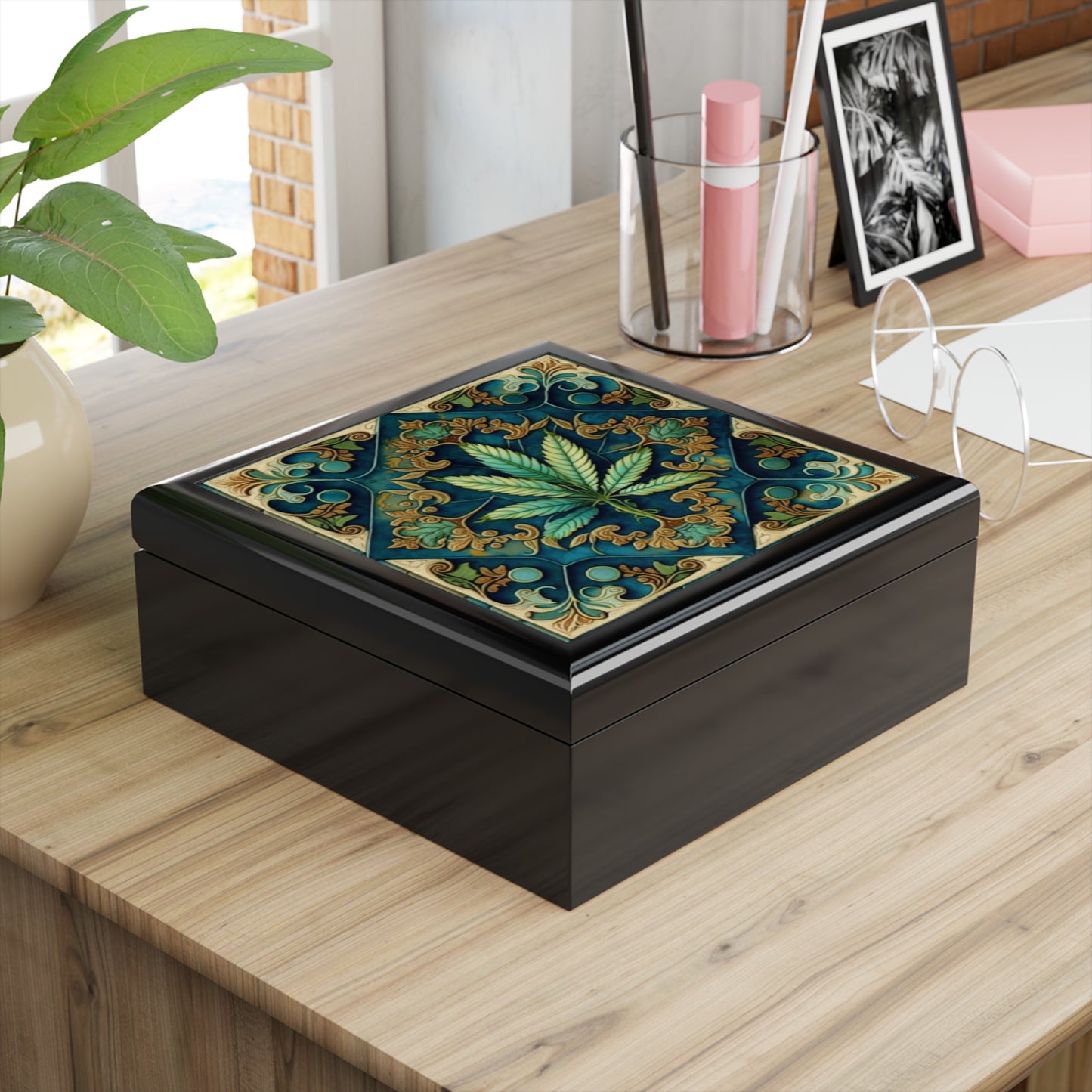 Marijuana Leaf Blue Green Collage Jewelry Box