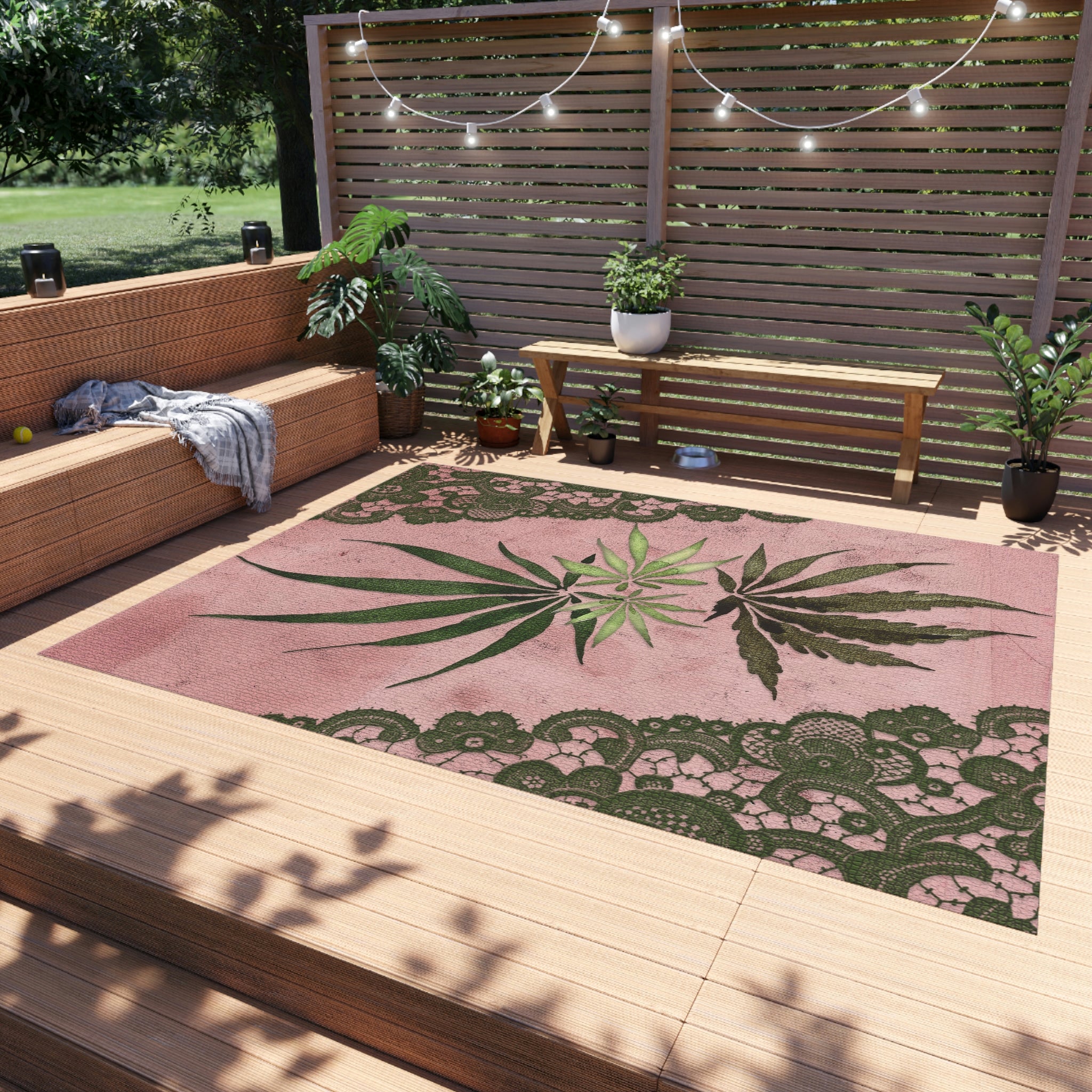 Grey Lace Gorgeous Pink Designed Marijuana 420 Weed Leaf Outdoor Rug