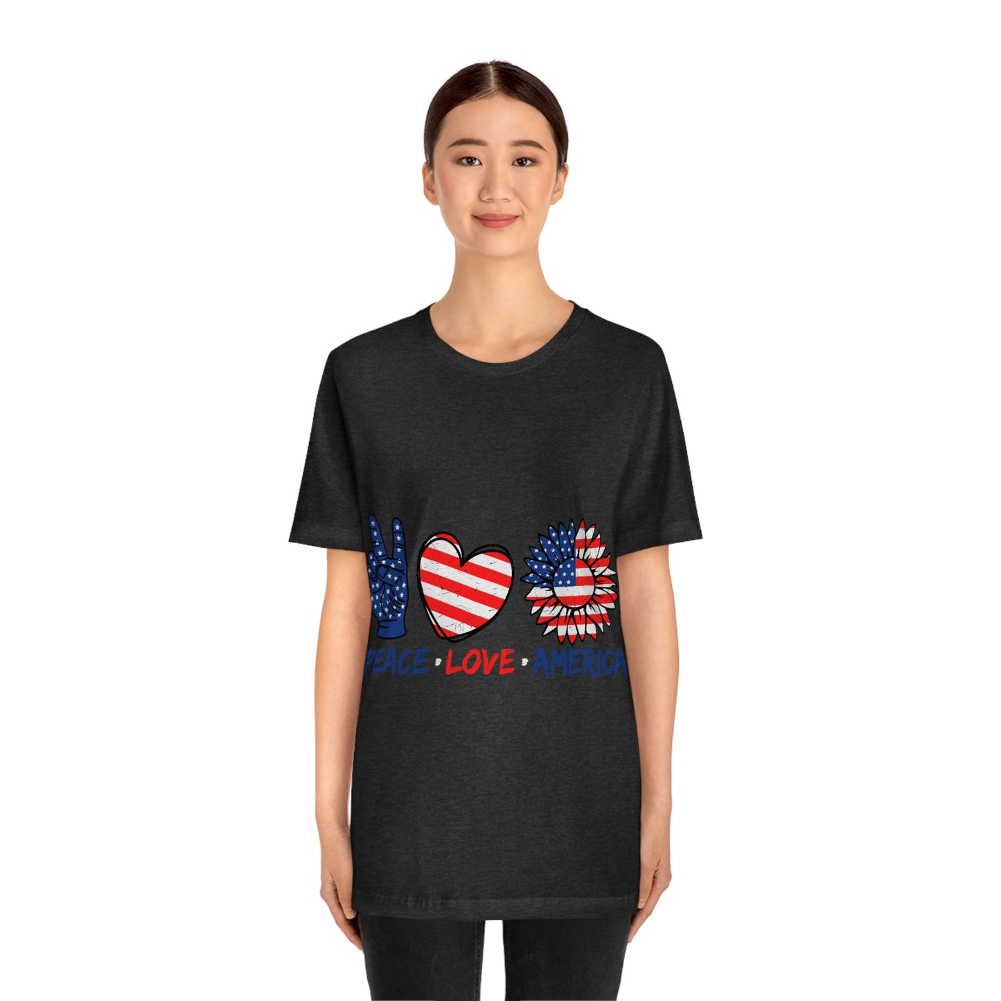 Peace Fingers , Love Heart , America Flag Design Unisex Jersey Short Sleeve Tee