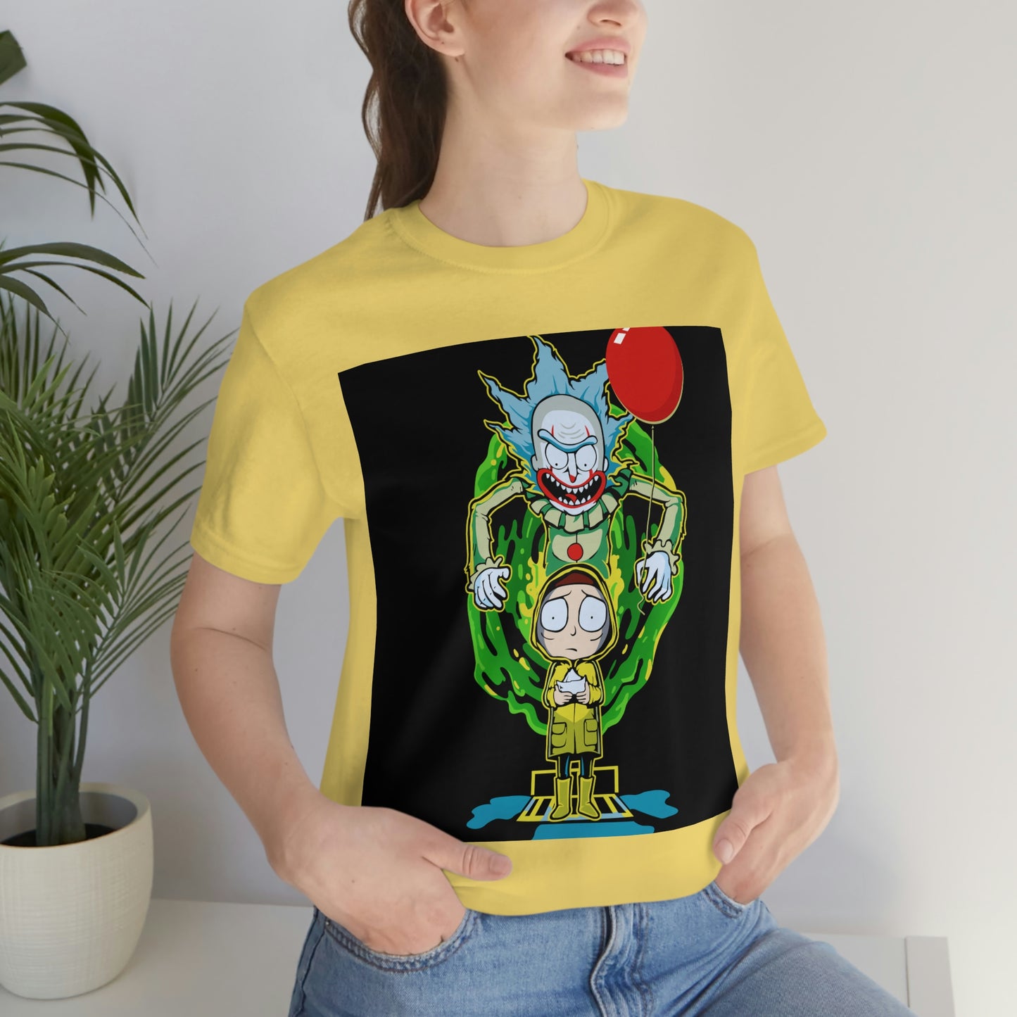 Scary Clown With Red Balloon And Kid In Yellow Rain Jacket - It Cover Unisex Jersey Short Sleeve Tee