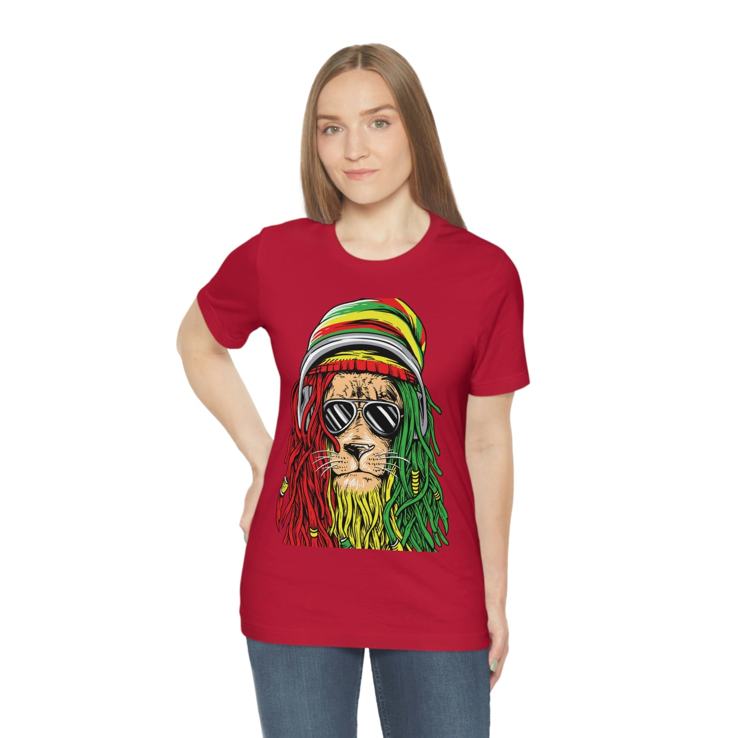 Reggae Lion With Dread locks with Hat, Unisex Jersey Short Sleeve Tee