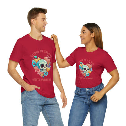 Stupid Cupid #Anti-Valentine Skull With Hearts & Flowers Unisex Jersey Short Sleeve Tee