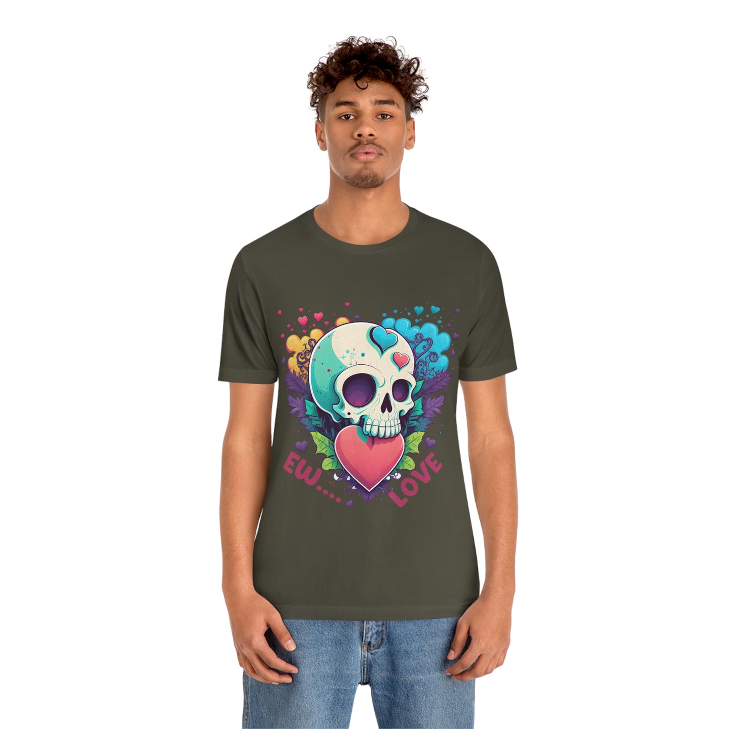 Ew Love Valentine Skull  With Pink And Blue Hearts Unisex Jersey Short Sleeve Tee