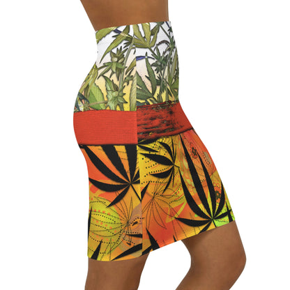 Beautiful Redish Orange Banded Marijuana 420 Pot Weed Leaf Women's Mini Skirt (AOP)