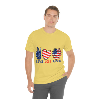 Peace Fingers , Love Heart , America Flag Design Unisex Jersey Short Sleeve Tee