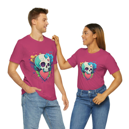 Ew Love Valentine Skull  With Pink And Blue Hearts Unisex Jersey Short Sleeve Tee