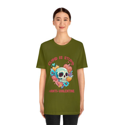 Stupid Cupid #Anti-Valentine Skull With Hearts & Flowers Unisex Jersey Short Sleeve Tee