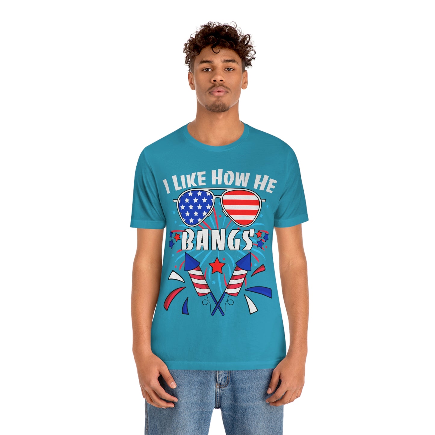 I Like How He Bangs American Flag, Fourth Of July 4th , American Flag Glasses Unisex Jersey Short Sleeve Tee