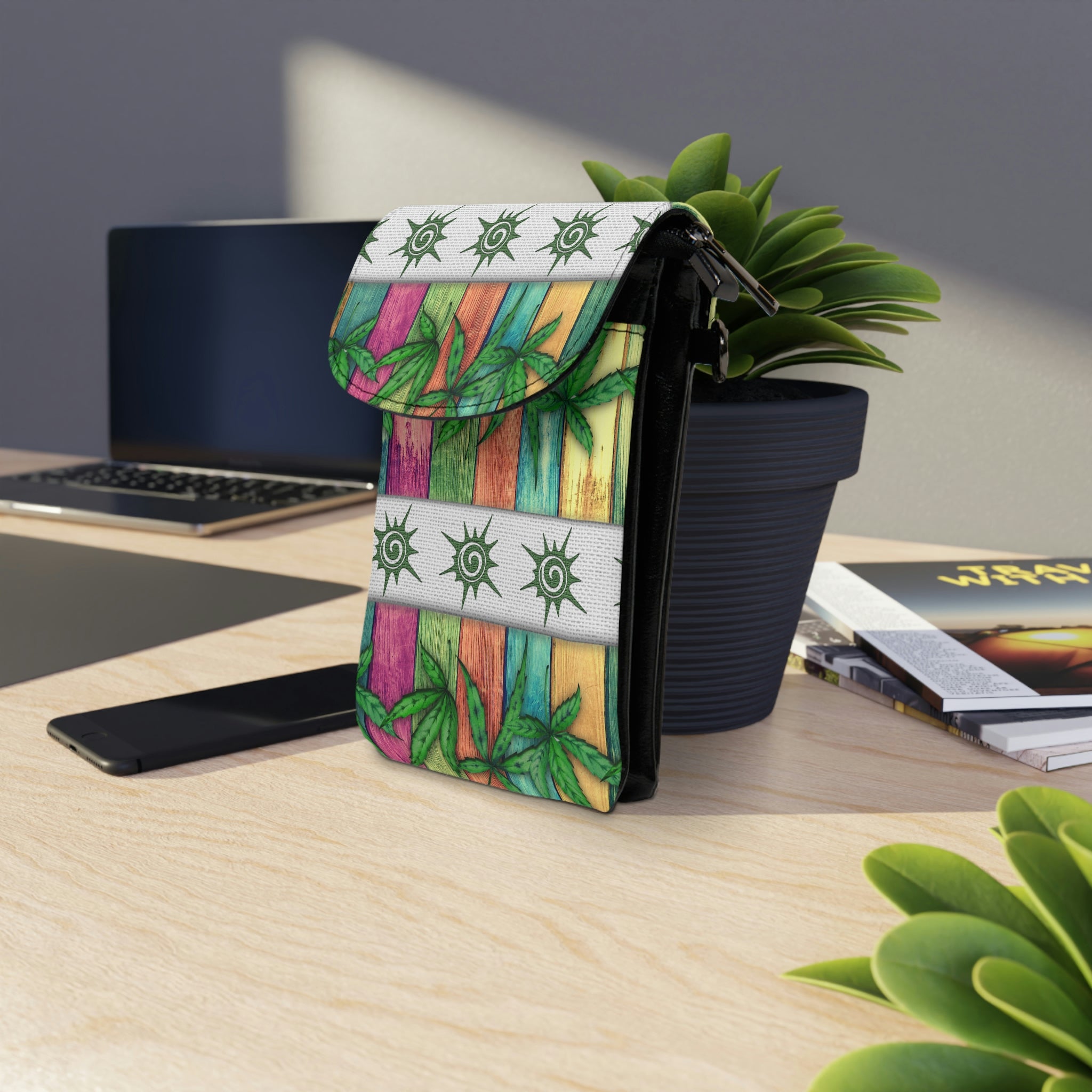 Beautiful Pink Blue Purple Multicolored 420 Weed Pot Marijuana Leaf Small Cell Phone Wallet