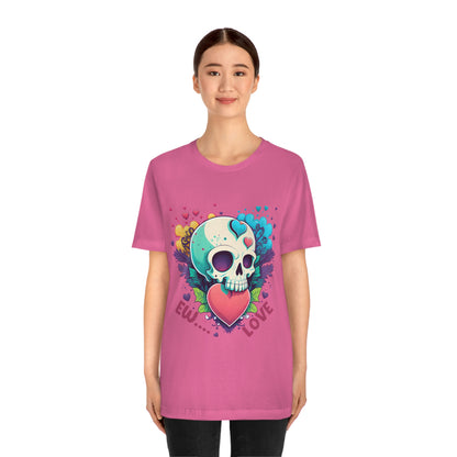 Ew Love Valentine Skull  With Pink And Blue Hearts Unisex Jersey Short Sleeve Tee