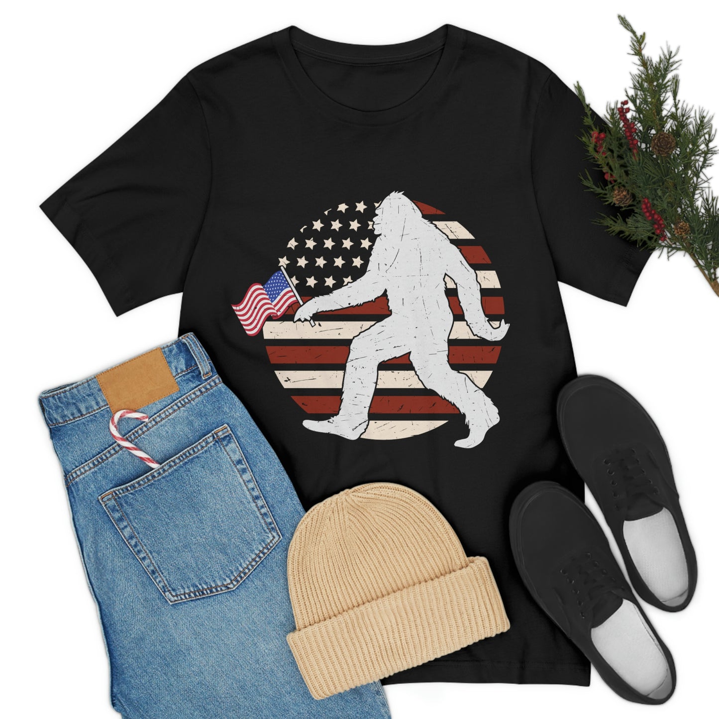 Big Foot American Flag, Fourth Of July 4th Unisex Jersey Short Sleeve Tee