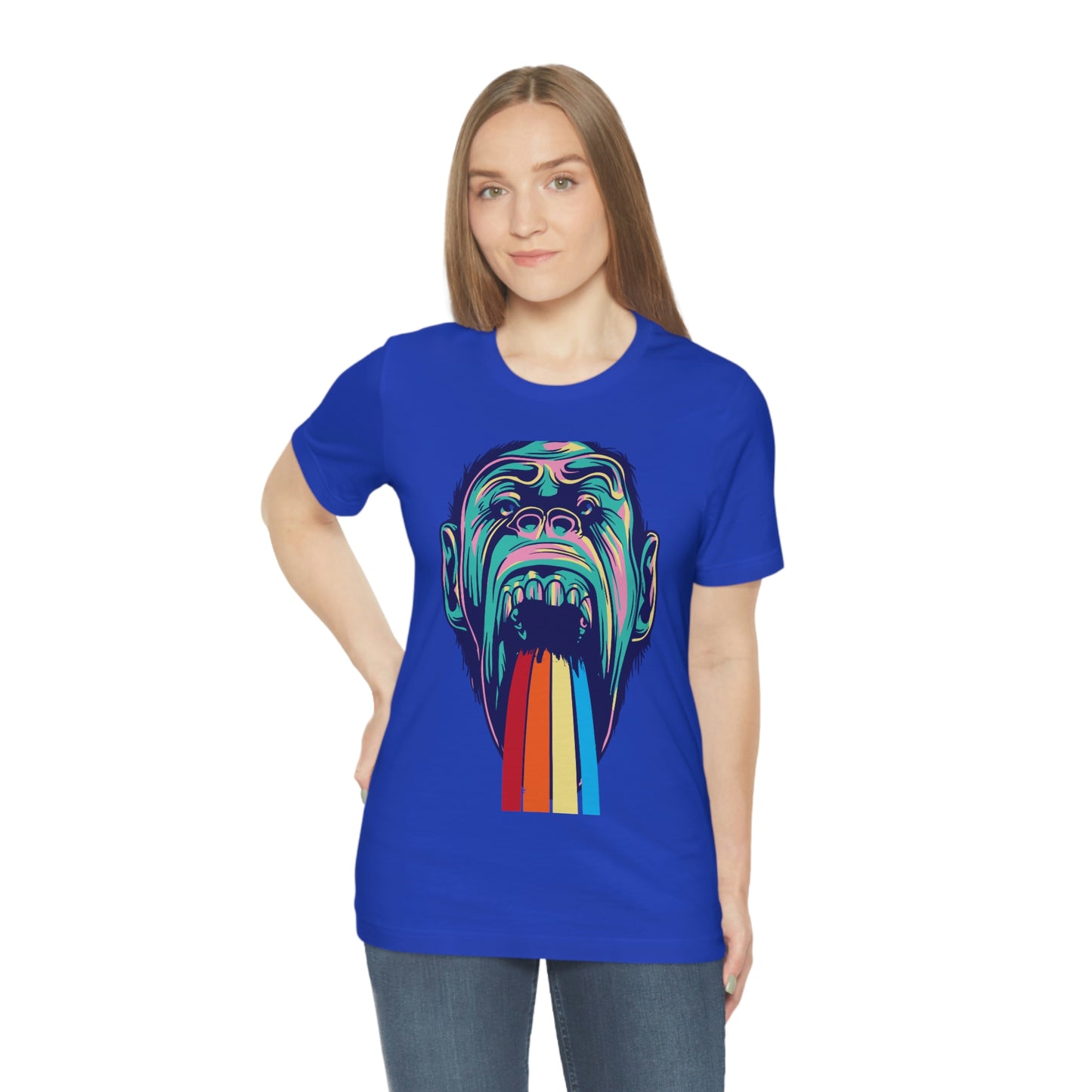 Color Ape Pouring flowing Rainbow Out His Mouth, Unisex Jersey Short Sleeve Tee