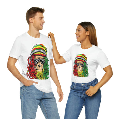 Reggae Lion With Dread locks with Hat, Unisex Jersey Short Sleeve Tee