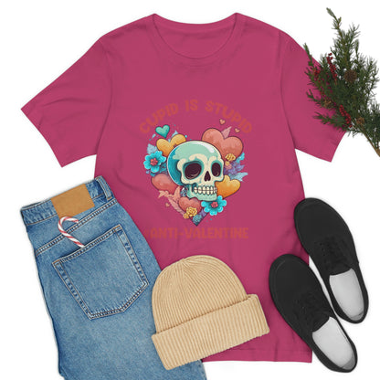 Stupid Cupid #Anti-Valentine Skull With Hearts & Flowers Unisex Jersey Short Sleeve Tee