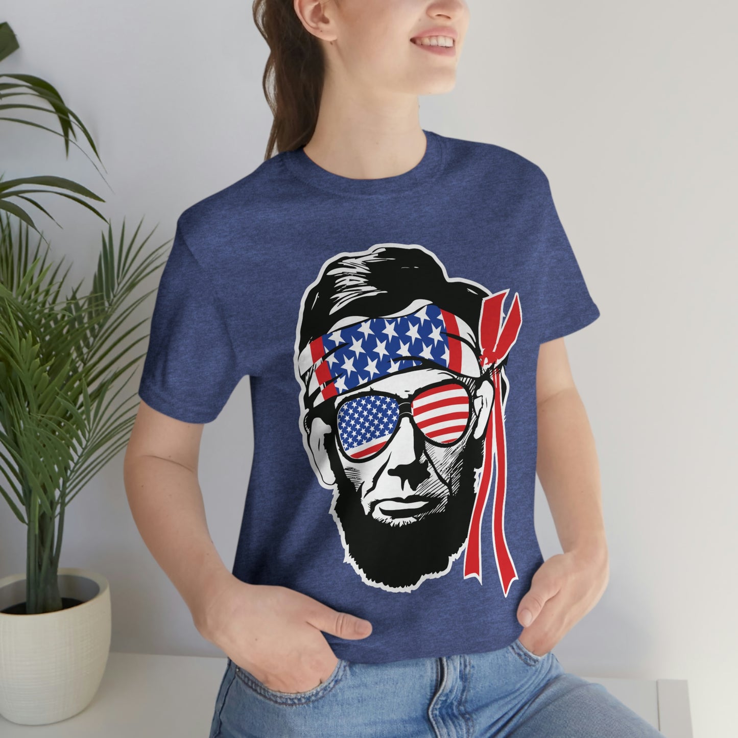 Independence Day Groovy Flag Glasses Well Known Face with Flag Bandana Unisex Jersey Short Sleeve Tee