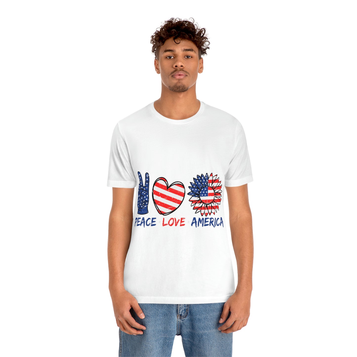 Peace Fingers , Love Heart , America Flag Design Unisex Jersey Short Sleeve Tee