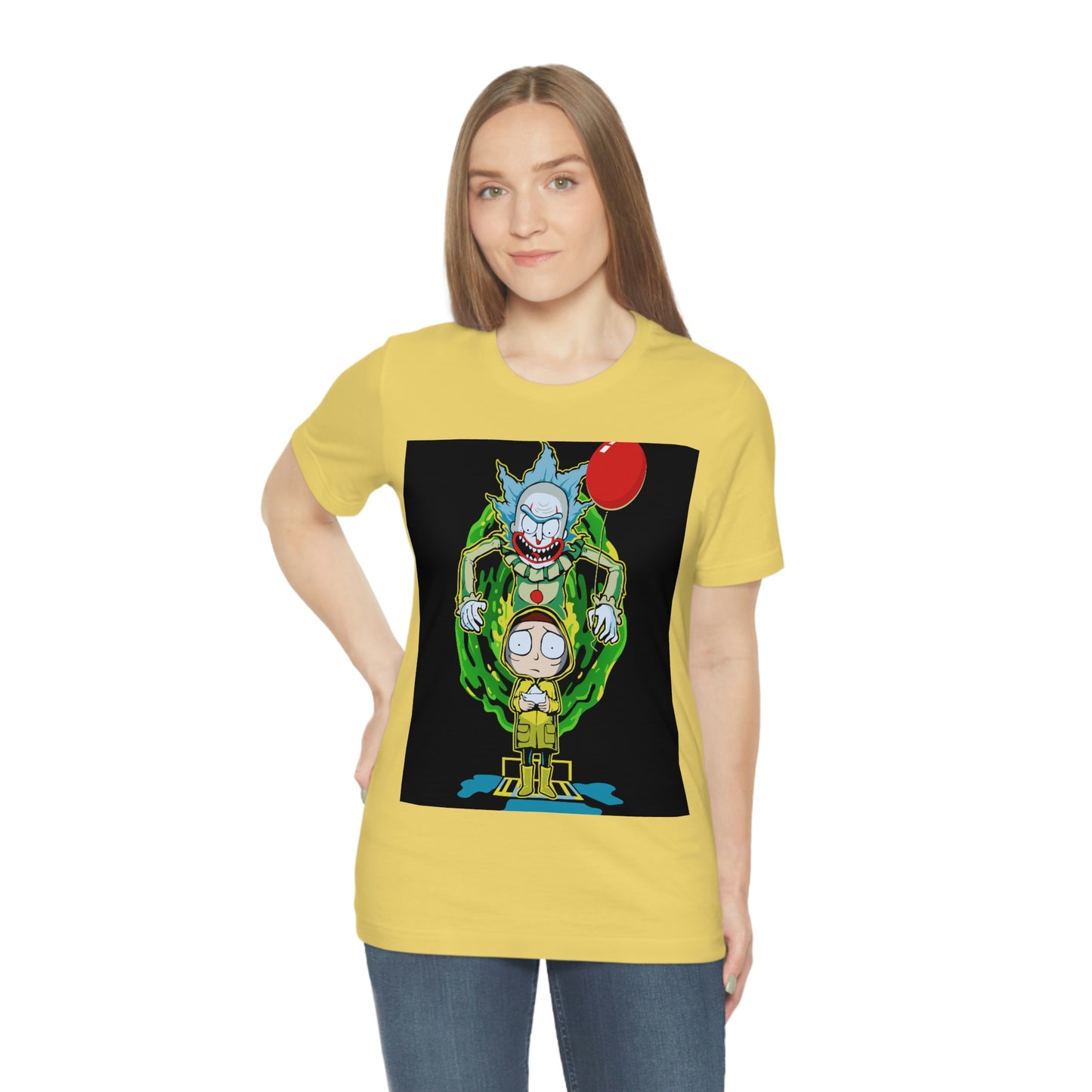 Scary Clown With Red Balloon And Kid In Yellow Rain Jacket - It Cover Unisex Jersey Short Sleeve Tee