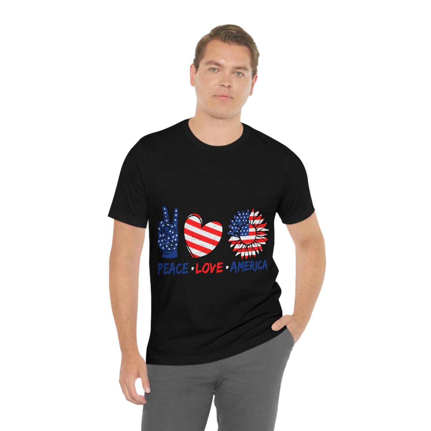 Peace Fingers , Love Heart , America Flag Design Unisex Jersey Short Sleeve Tee