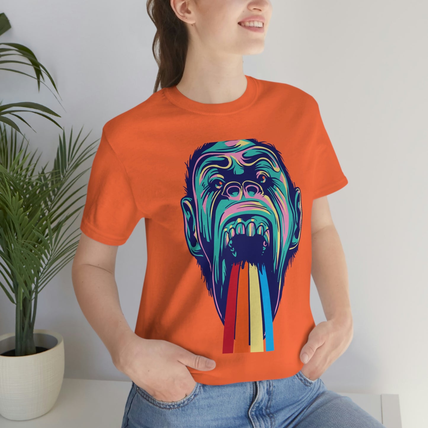 Color Ape Pouring flowing Rainbow Out His Mouth, Unisex Jersey Short Sleeve Tee