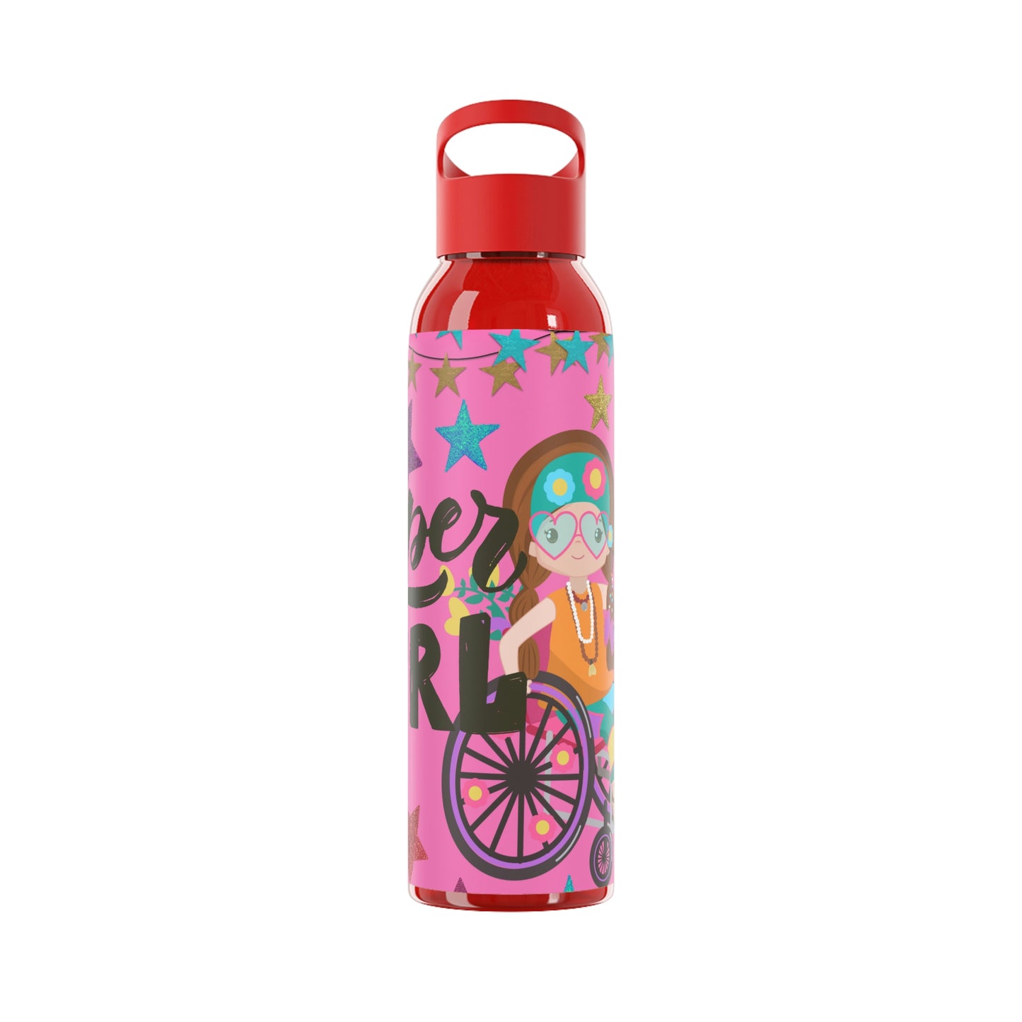 Super Girl Hippie Chic , Wheelchair Purple Background Sky Water Bottle