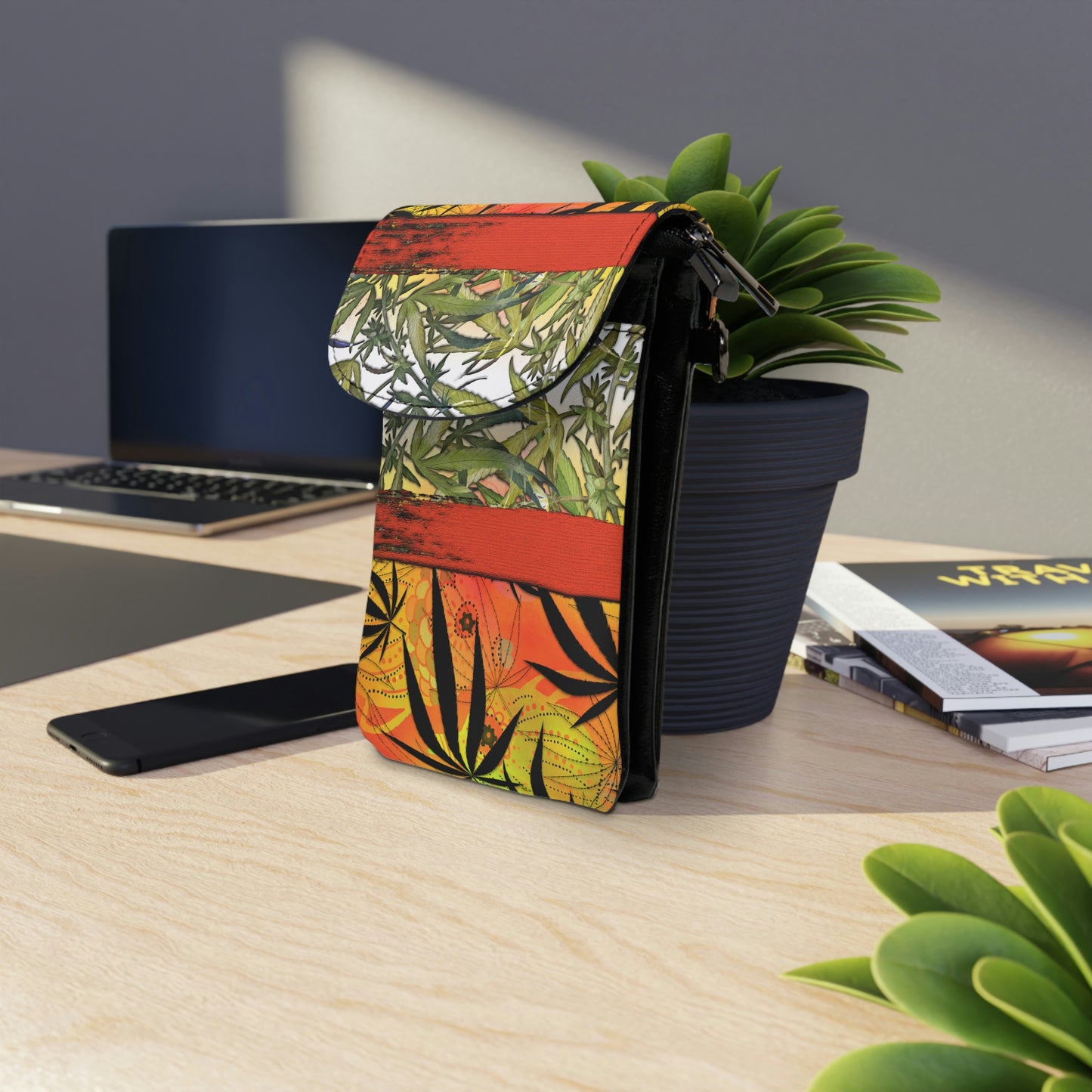 Beautiful Redish Orange Banded Marijuana 420 Pot Weed Leaf Small Cell Phone Wallet