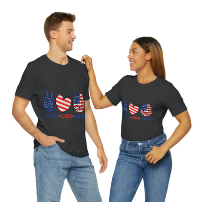 Peace Fingers , Love Heart , America Flag Design Unisex Jersey Short Sleeve Tee