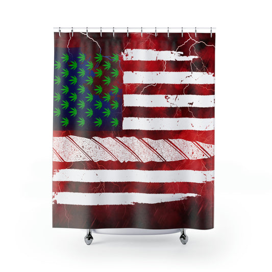 Flag Red, White And Blue Beautiful Red Background With Marijuana Pot Weed 420 Shower Curtains