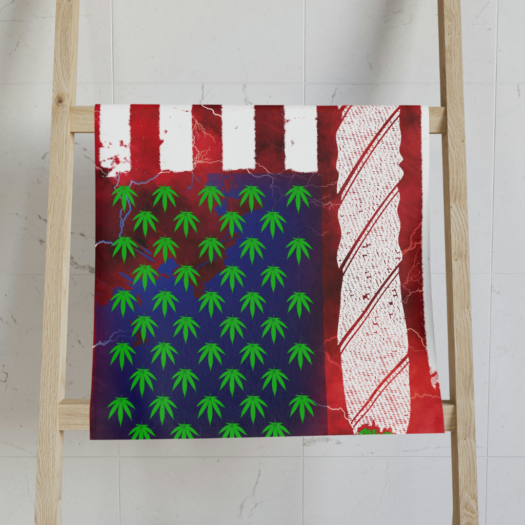 Flag Red, White And Blue Beautiful Red Background With Marijuana Pot Weed 420 Hand Towel