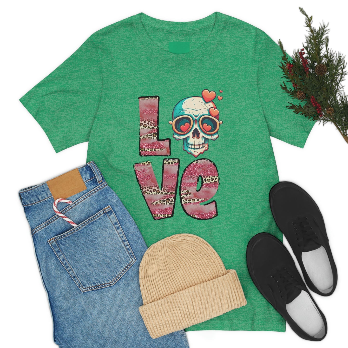 Love Valentine Skull With Red Roses Unisex Jersey Short Sleeve Tee