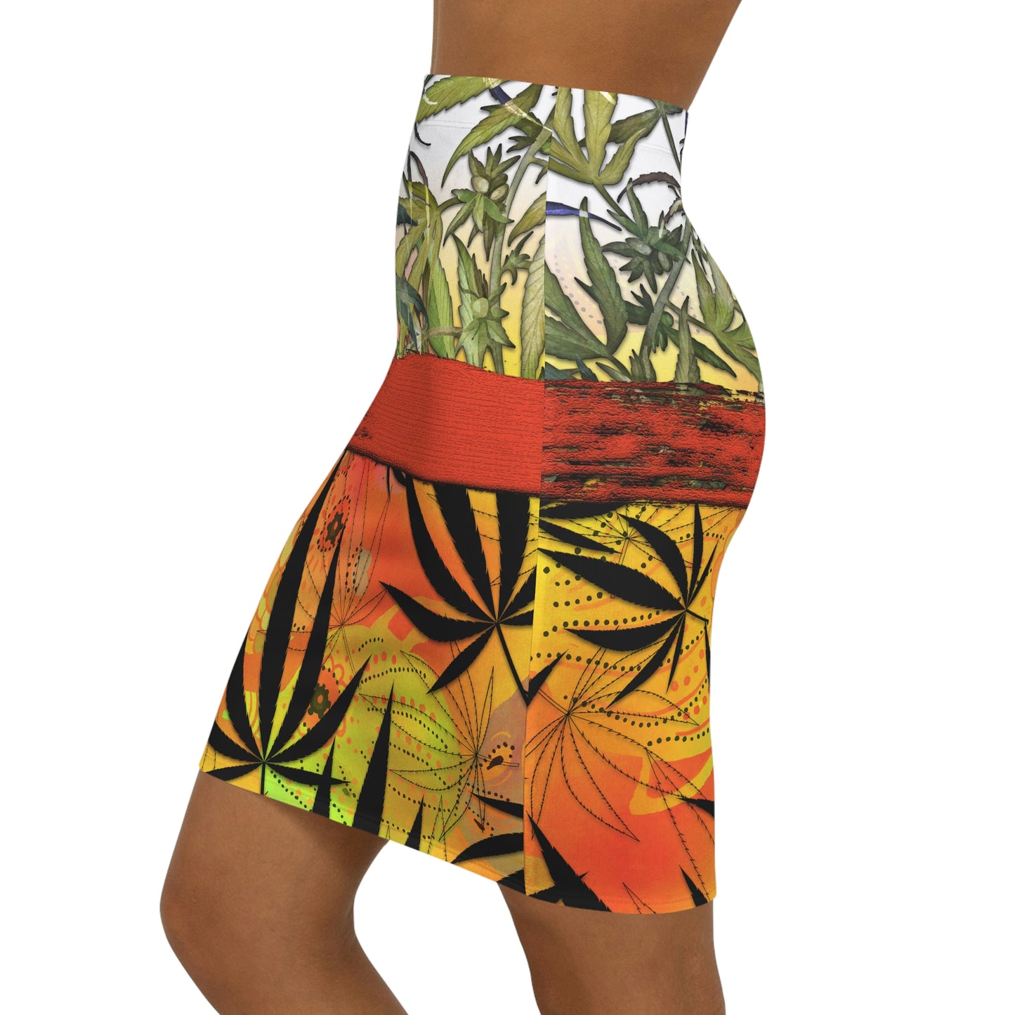 Beautiful Redish Orange Banded Marijuana 420 Pot Weed Leaf Women's Mini Skirt (AOP)
