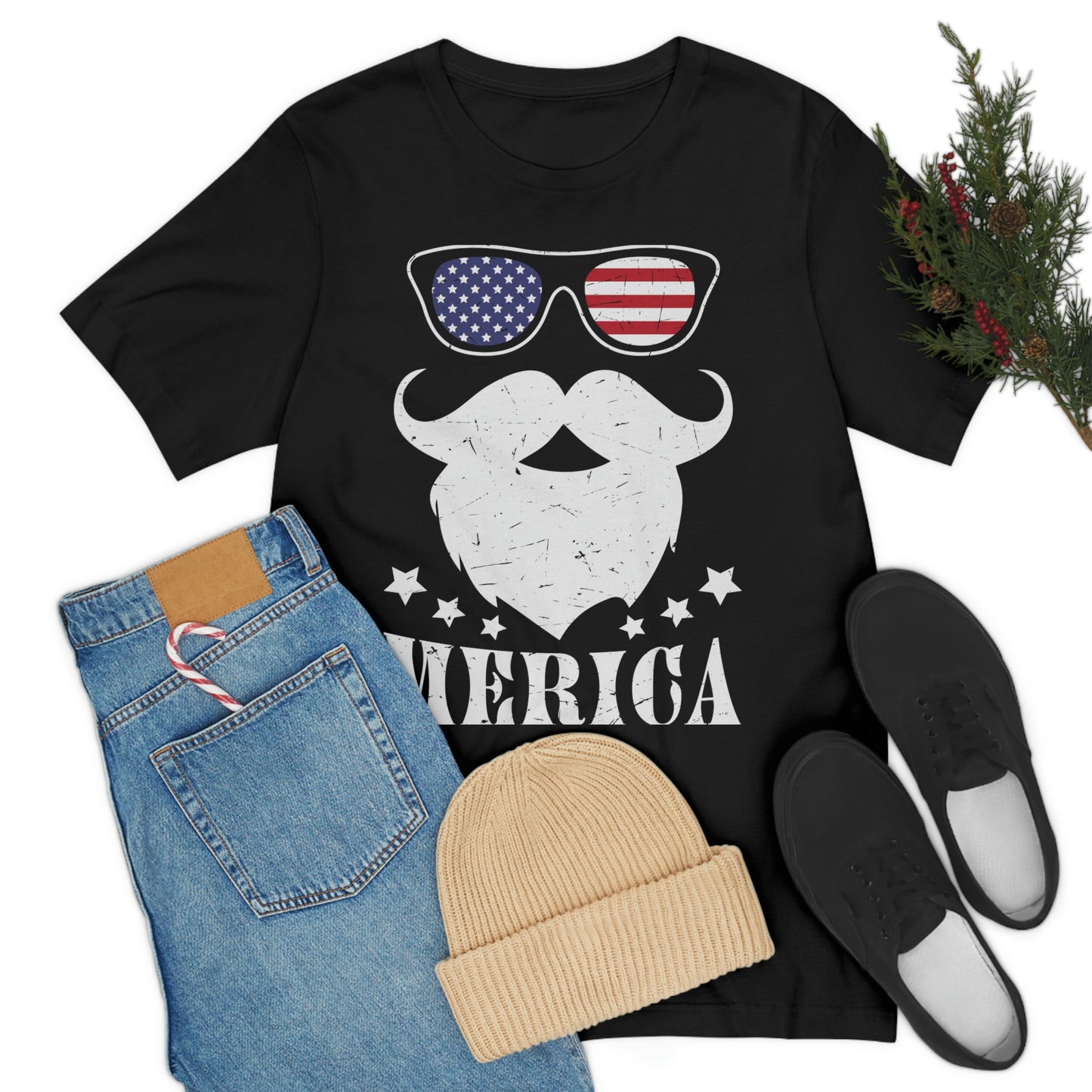 American Flag Sunglass Beard And Merican With Stars Unisex Jersey Short Sleeve Tee