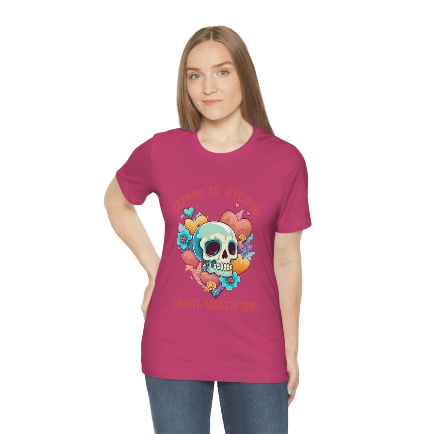 Stupid Cupid #Anti-Valentine Skull With Hearts & Flowers Unisex Jersey Short Sleeve Tee