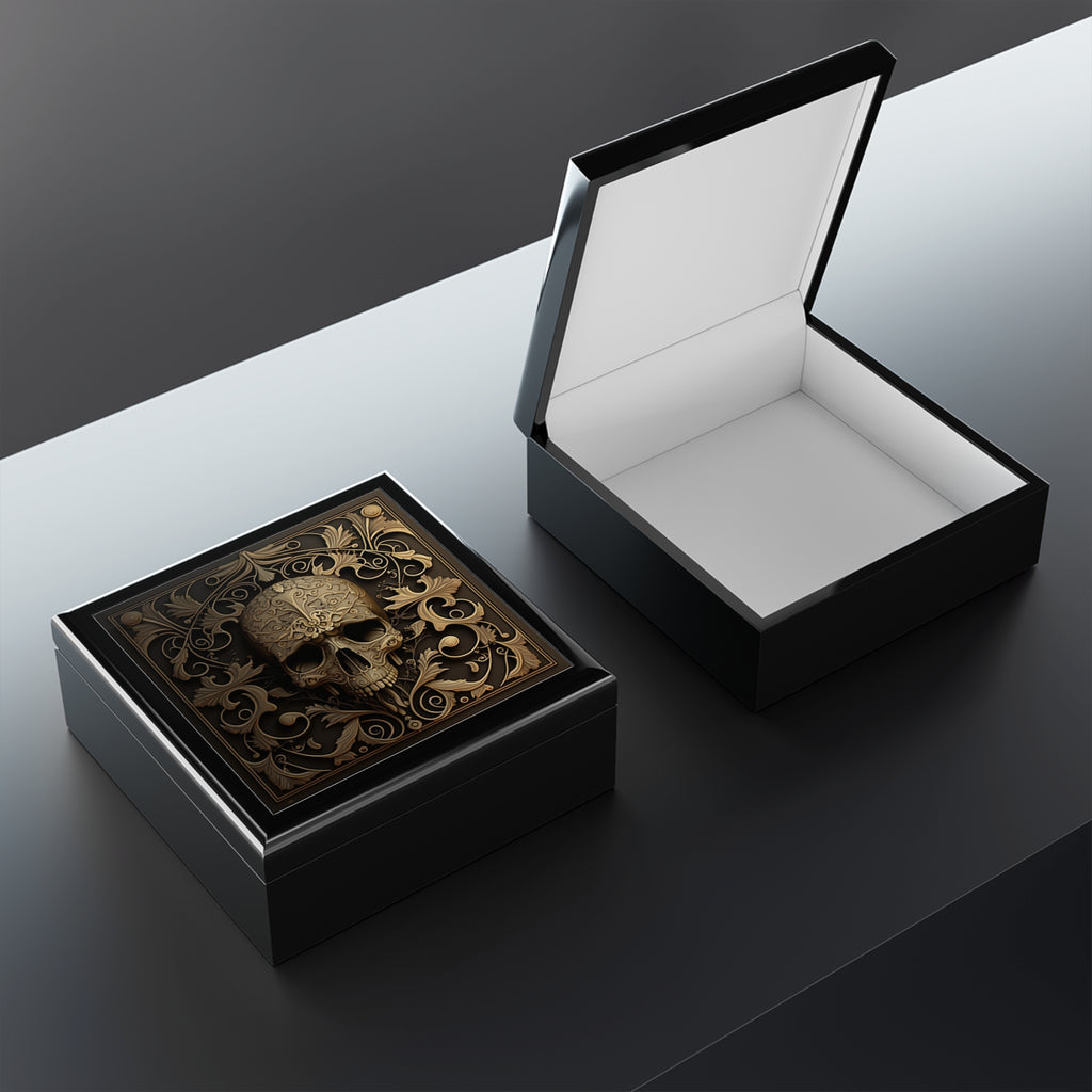 Detailed Silver Metal Style Grey And Rustic Black Background , Gothic Skull Jewelry Box Jewelry Box