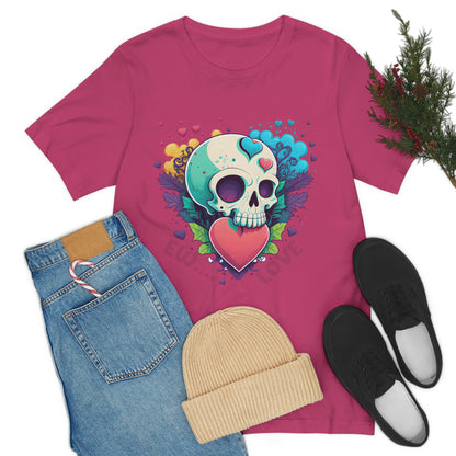 Ew Love Valentine Skull  With Pink And Blue Hearts Unisex Jersey Short Sleeve Tee