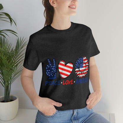 Peace Fingers , Love Heart , America Flag Design Unisex Jersey Short Sleeve Tee