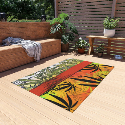 Beautiful Redish Orange Banded Marijuana 420 Pot Weed Leaf Outdoor Rug