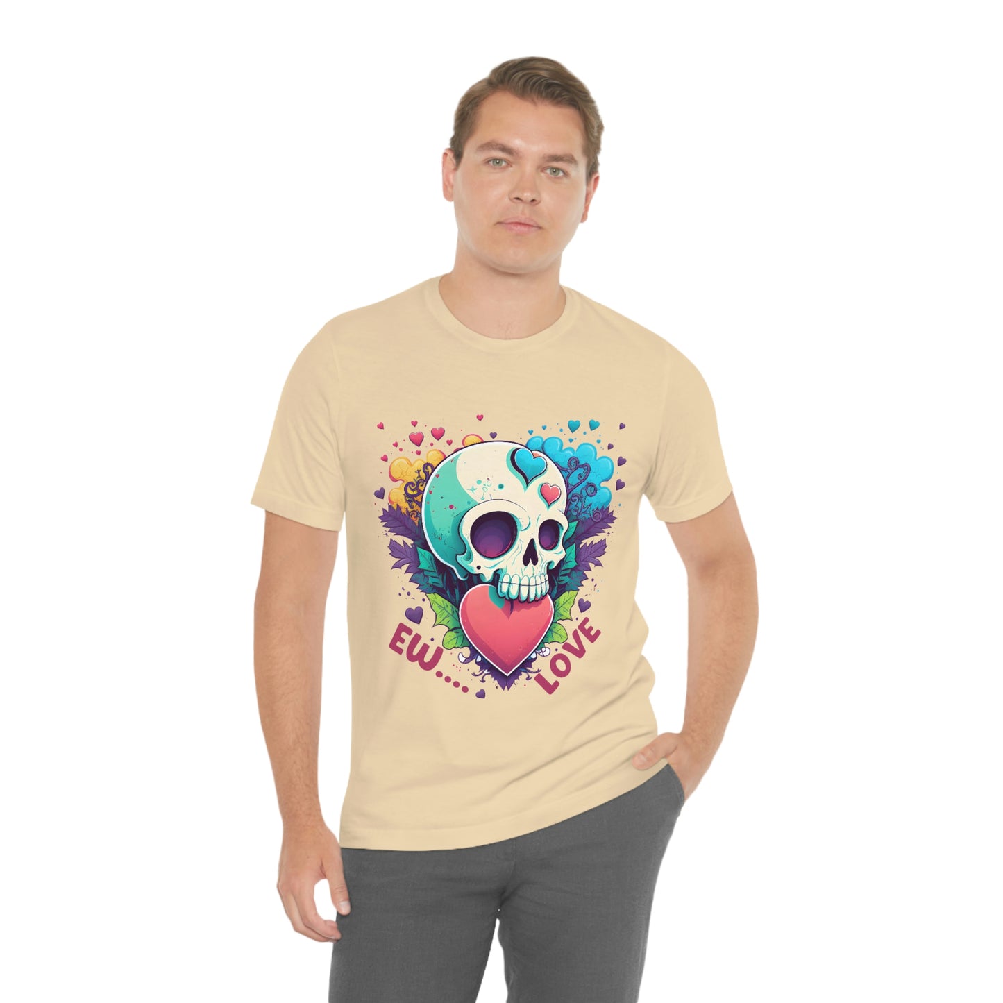 Ew Love Valentine Skull  With Pink And Blue Hearts Unisex Jersey Short Sleeve Tee