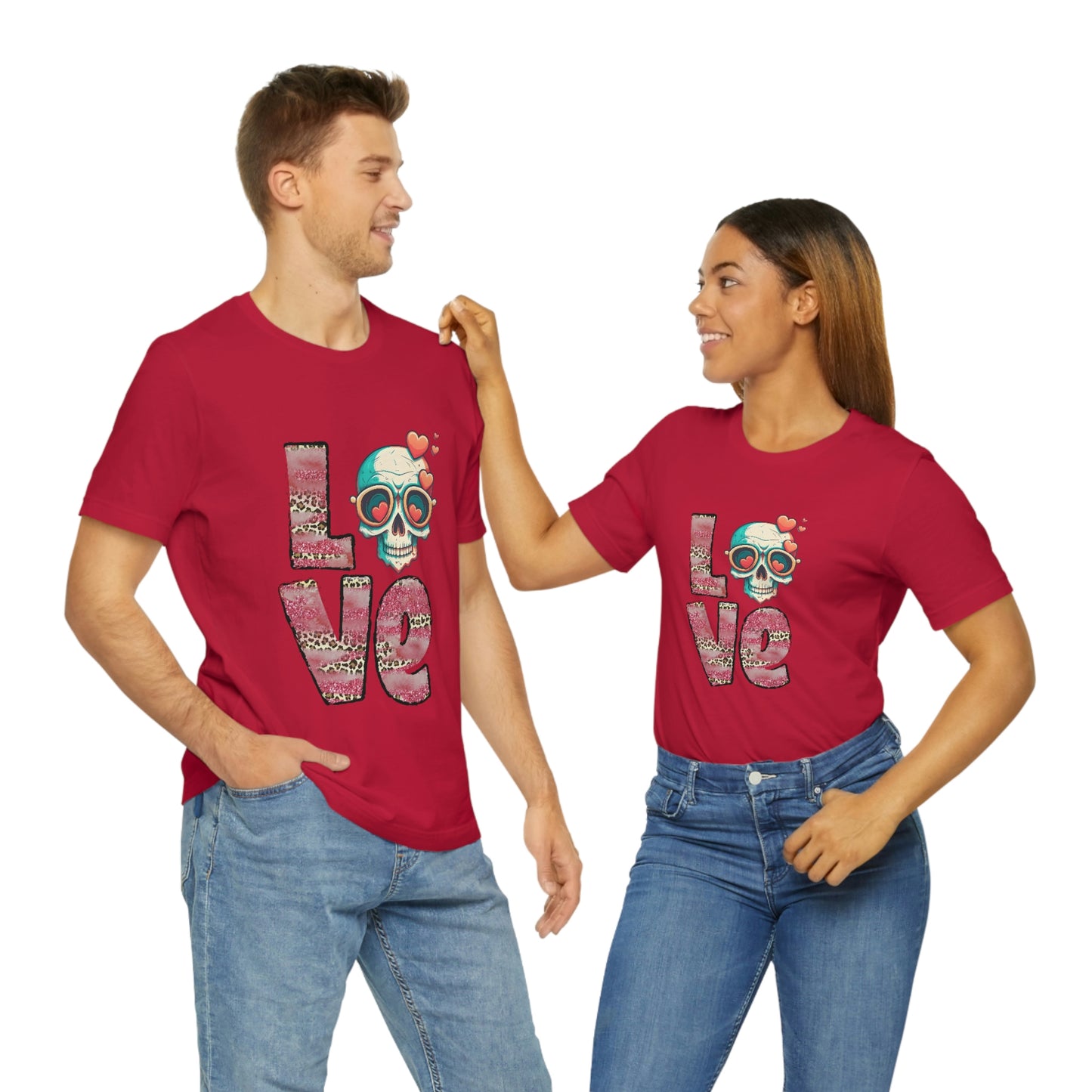 Love Valentine Skull With Red Roses Unisex Jersey Short Sleeve Tee